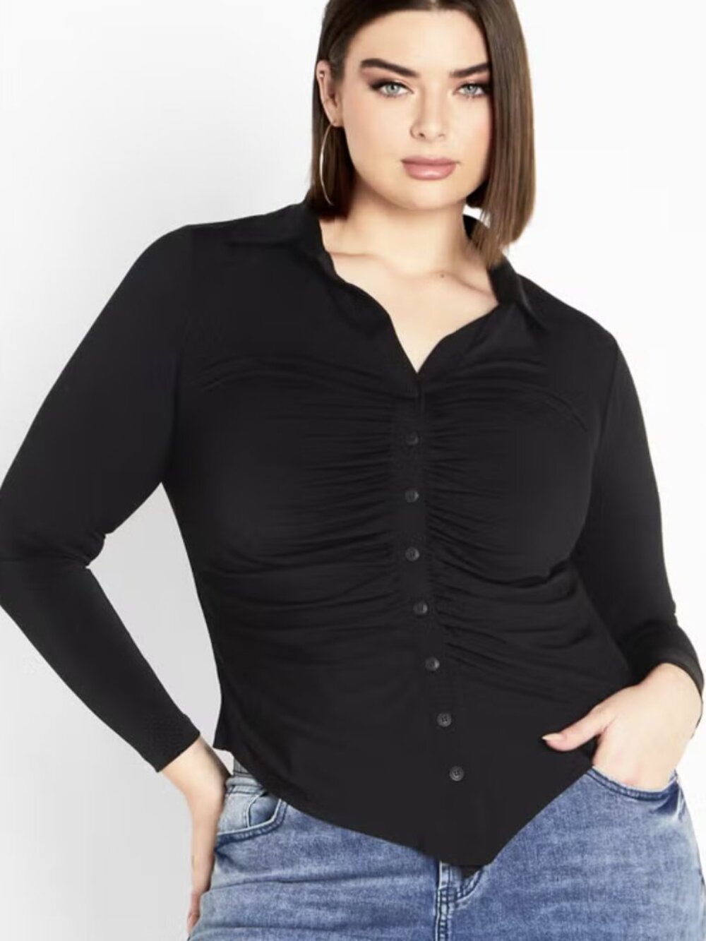 Black Ruched Button-Front Women's Top